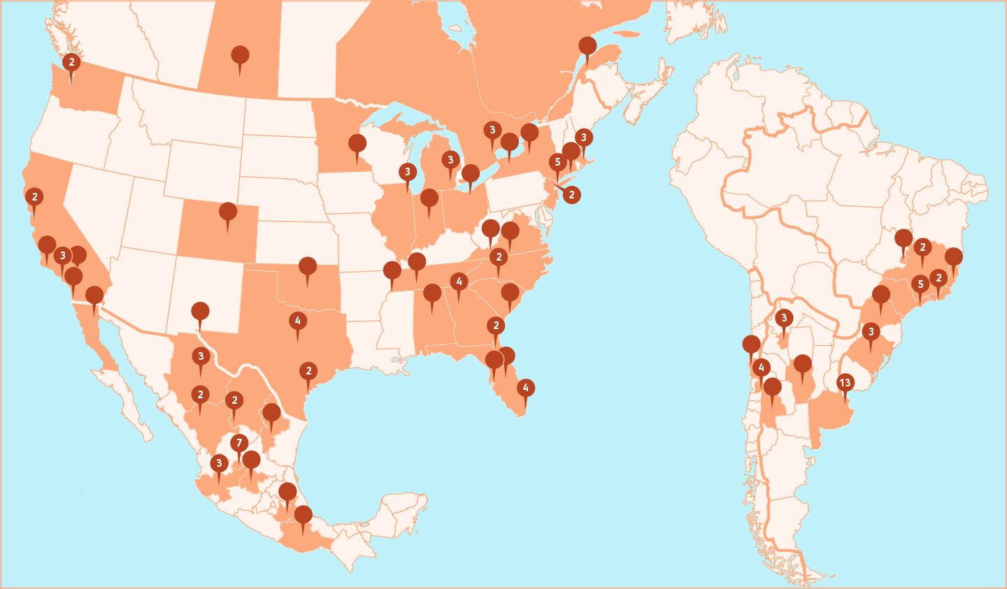 Map for study sites in the America